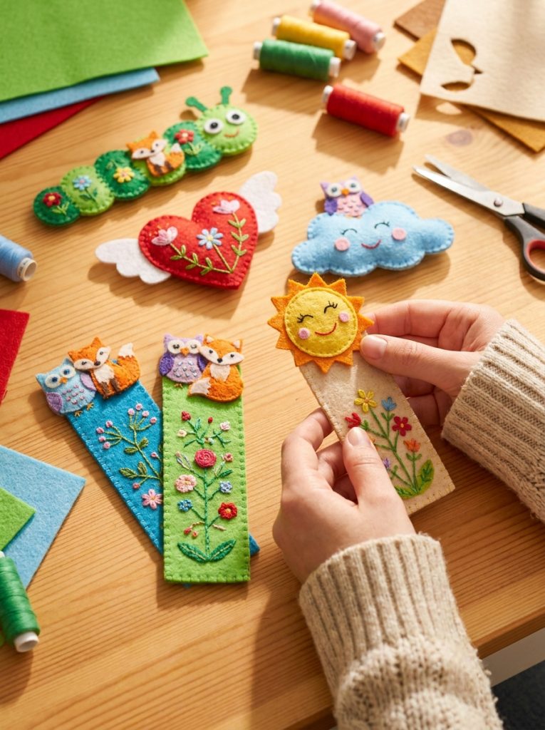 Cute DIY felt bookmark crafts in colorful shapes with small character toppers and embroidered details as beautiful practical bookmarks