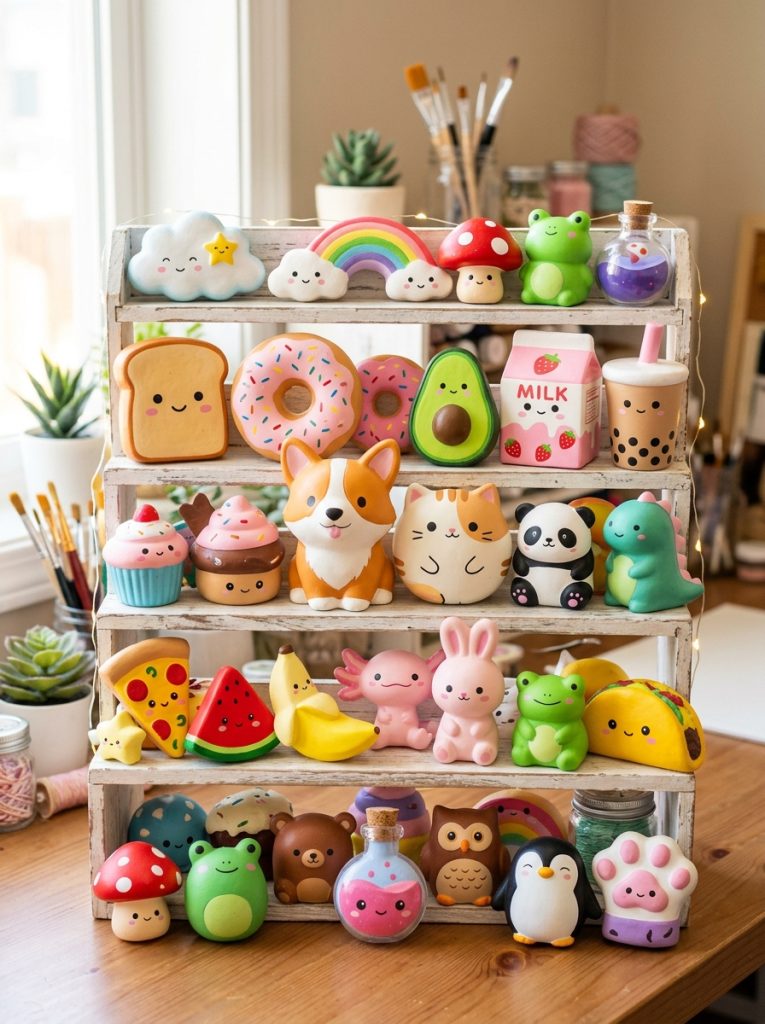 Beautiful cute homemade squishies DIY collection with food characters animals taba style and unique designs in comprehensive display
