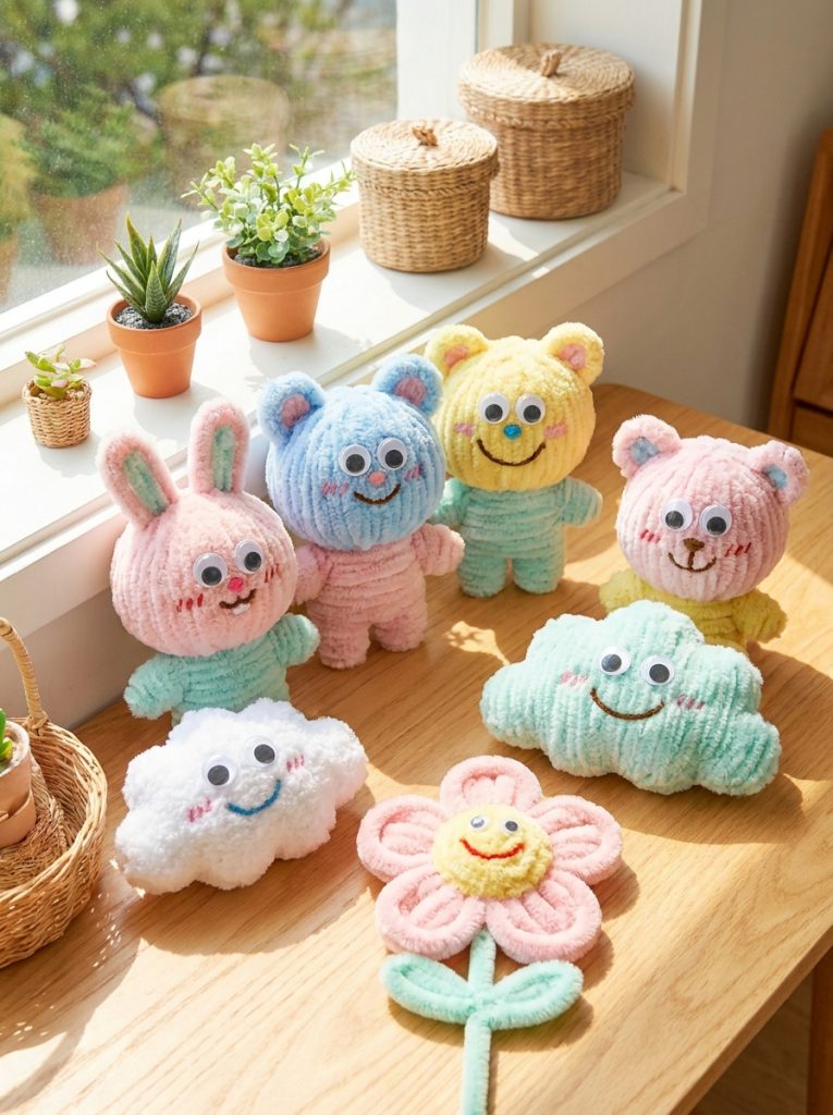 Adorable cute kawaii-style pipe cleaner crafts with oversized heads sweet expressions and pastel colors in irresistible collection