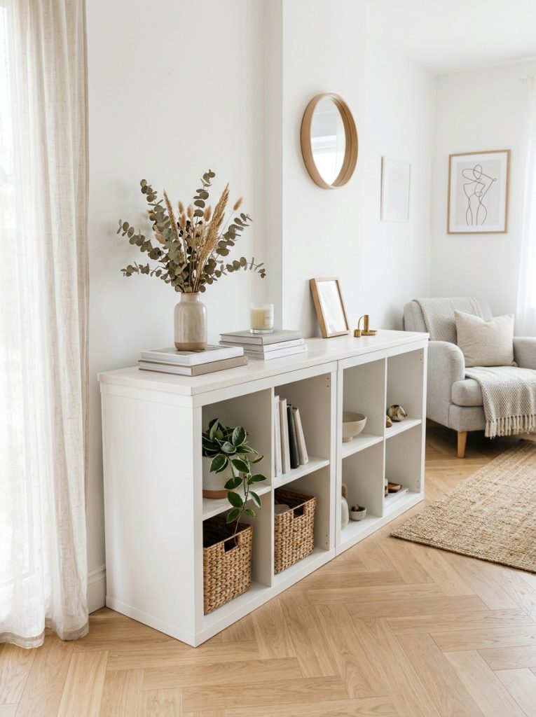 DIY IKEA hack console table from two KALLAX shelf units with wooden top painted white in bright living room