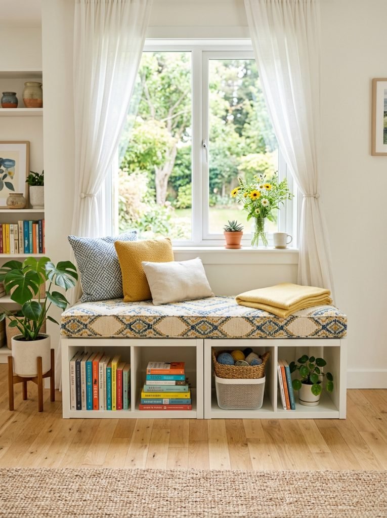 DIY IKEA hack window seat from KALLAX shelf units below window with cushion on top and books in cubbies