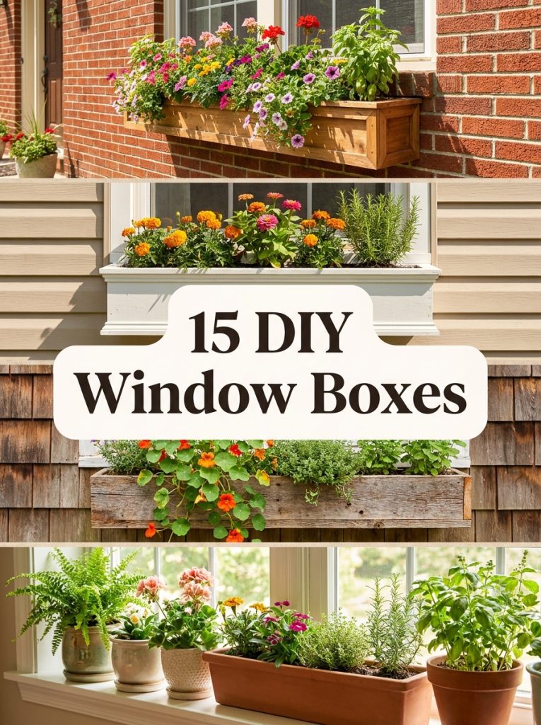 Pinterest collage showing 15 DIY window box ideas for brick vinyl wood and indoor settings
