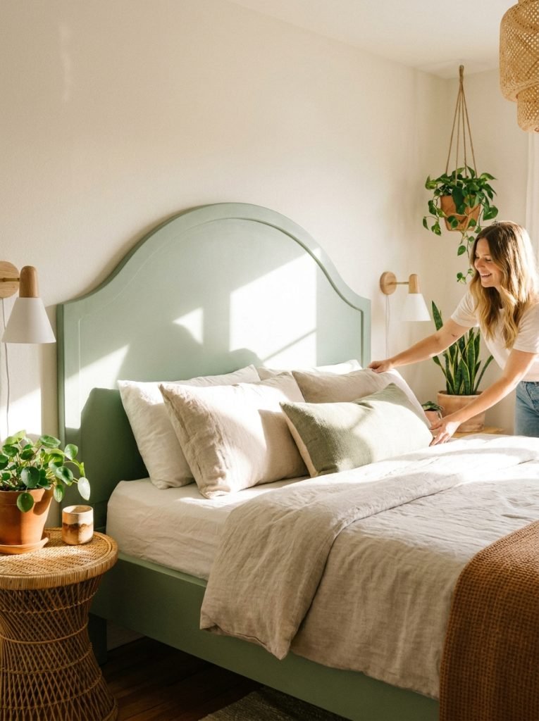 DIY arched headboard in soft sage green with curved top edge behind bed in bright warm bedroom
