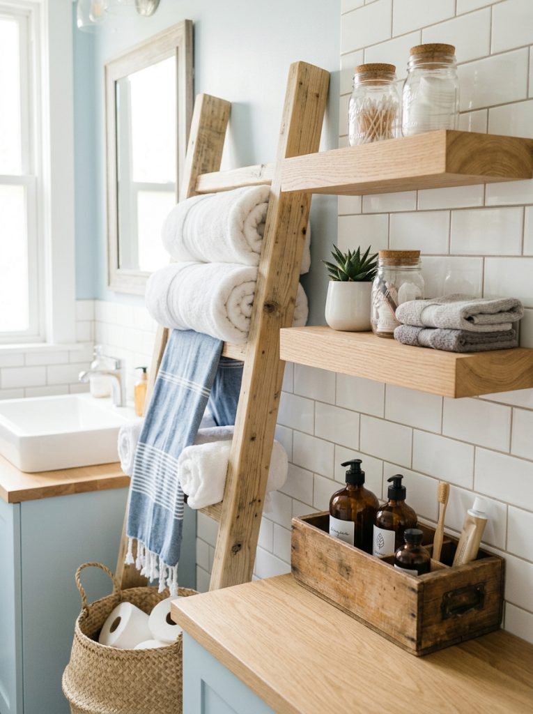 Creative DIY bathroom storage with homemade floating shelves repurposed containers ladder towel storage and handmade projects in bright bathroom 
