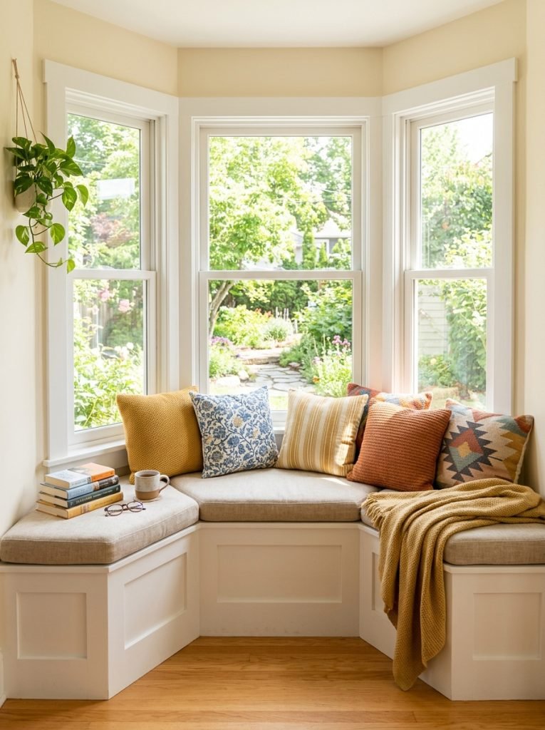 DIY bay window seat wrapping around three sides of bay window with cushions creating cozy reading nook