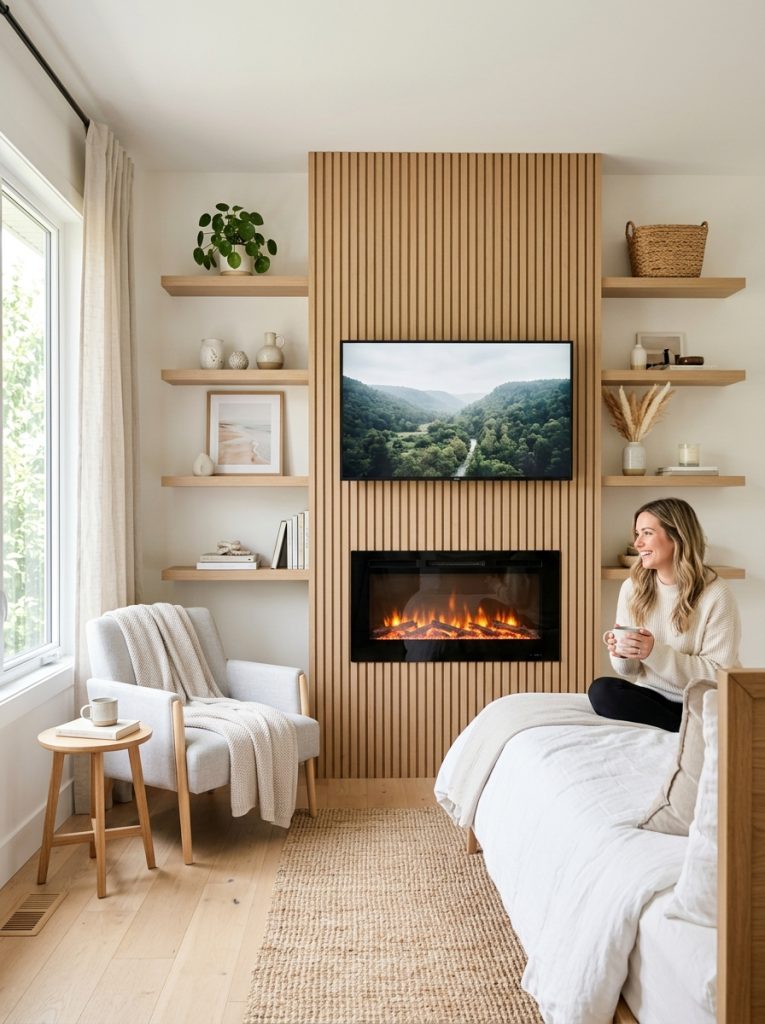 DIY bedroom fireplace TV wall with wall mounted electric fireplace TV above and floating shelves in bright minimal master bedroom
