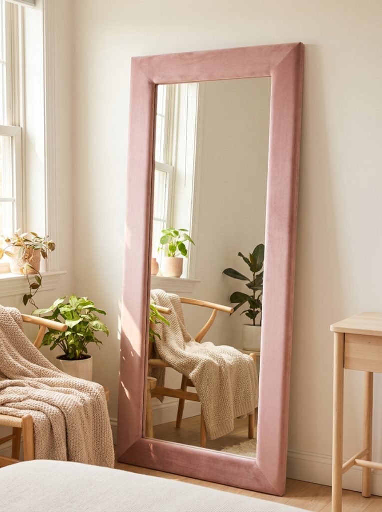 DIY bedroom mirror frame in soft dusty pink upholstered fabric leaning against bright bedroom wall