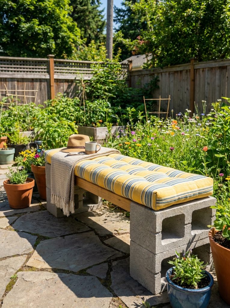 DIY outdoor cinder block bench with thick cushion on top in sunny backyard garden