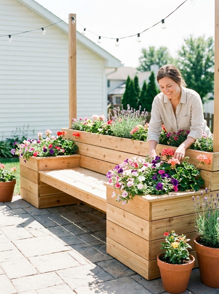 DIY outdoor bench with built in planter boxes on each end filled with flowering plants on patio