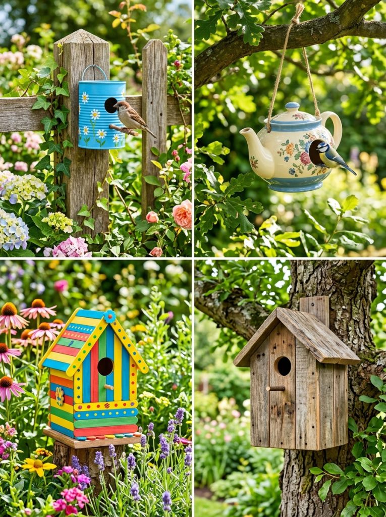 Four DIY birdhouse recycled ideas including painted tin can on fence post repurposed teapot hanging popsicle stick colorful and rustic pallet in tree.