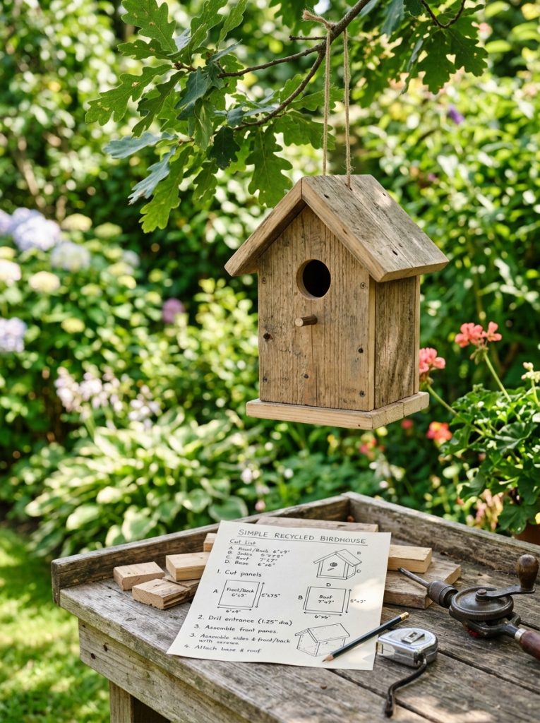  Beautiful simple recycled DIY birdhouse with classic shape assembled from reclaimed timber showing achievable straightforward construction ,