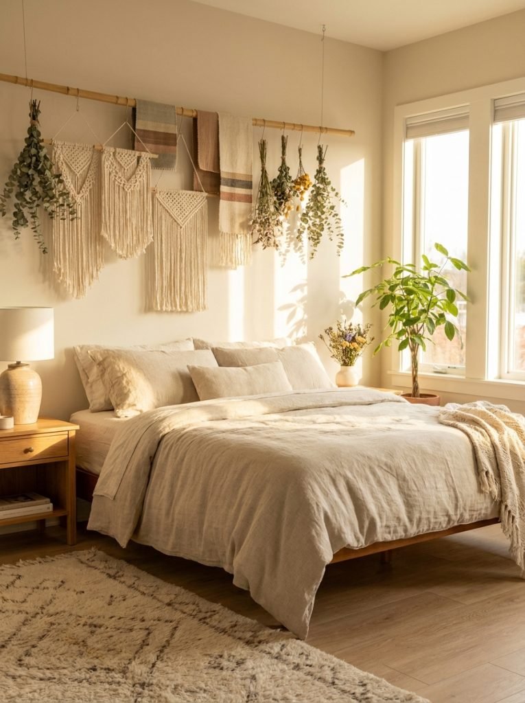 Easy DIY boho headboard from bamboo rod with macrame hangings fabric swatches and dried flowers behind bed