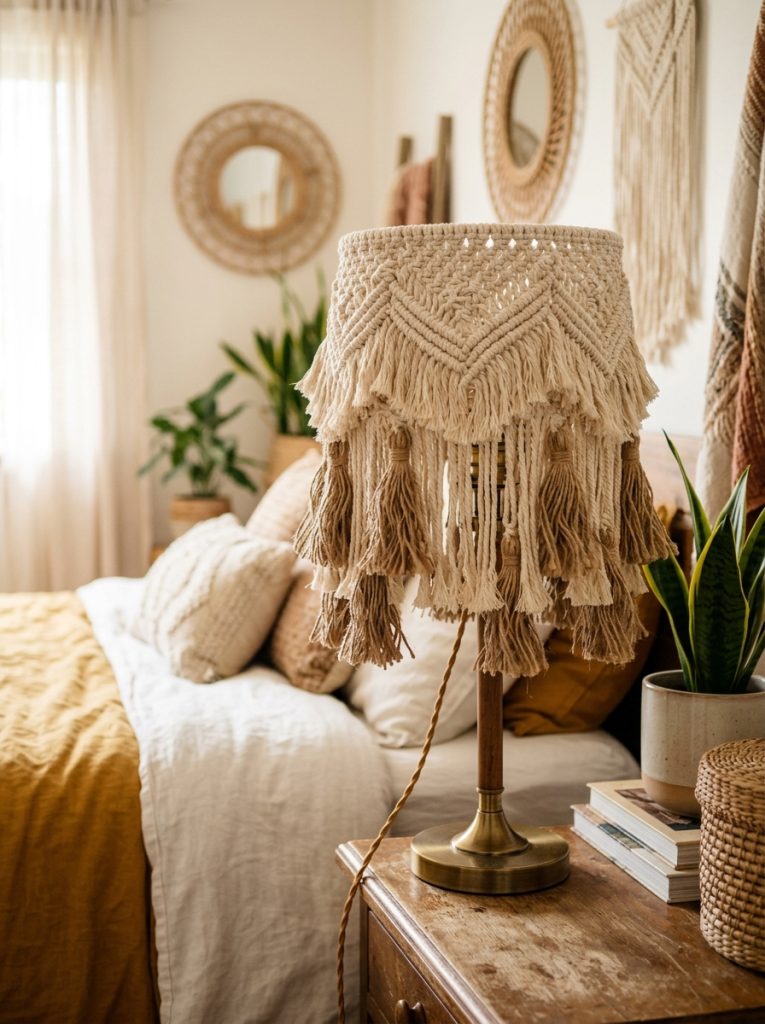 DIY boho lamp shade with layers of natural macrame fringe and jute tassels hanging from bottom in boho bedroom