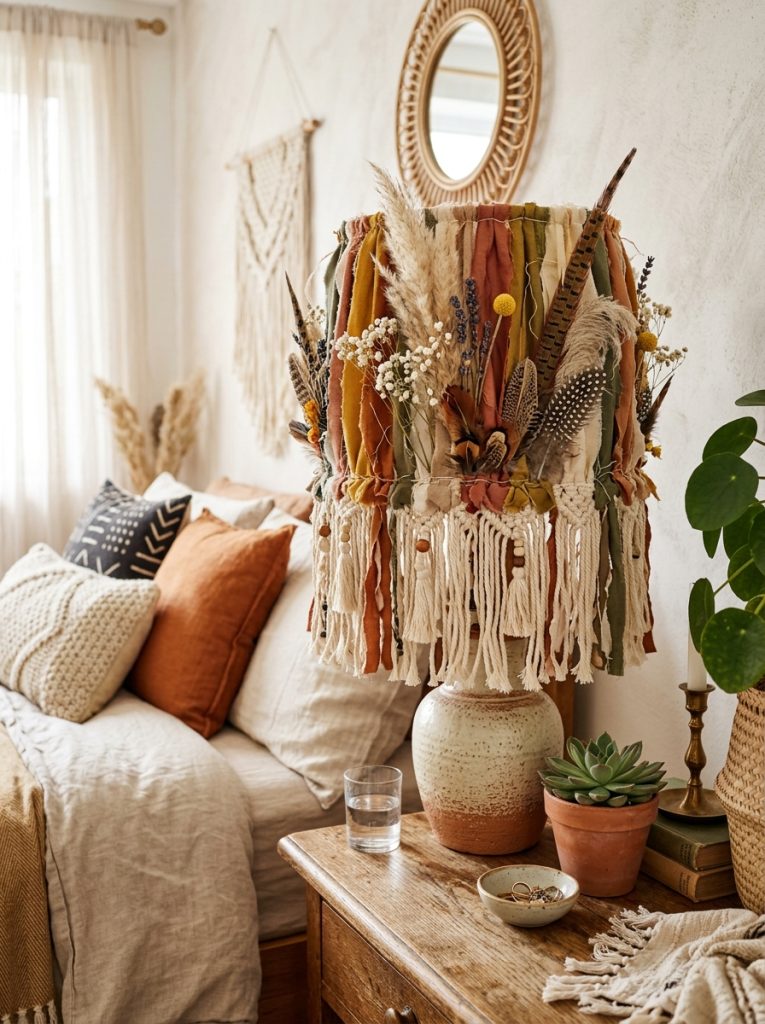 DIY boho lamp shade makeover with layered fabric strips dried flowers feathers and fringe in earthy tones boho bedroom