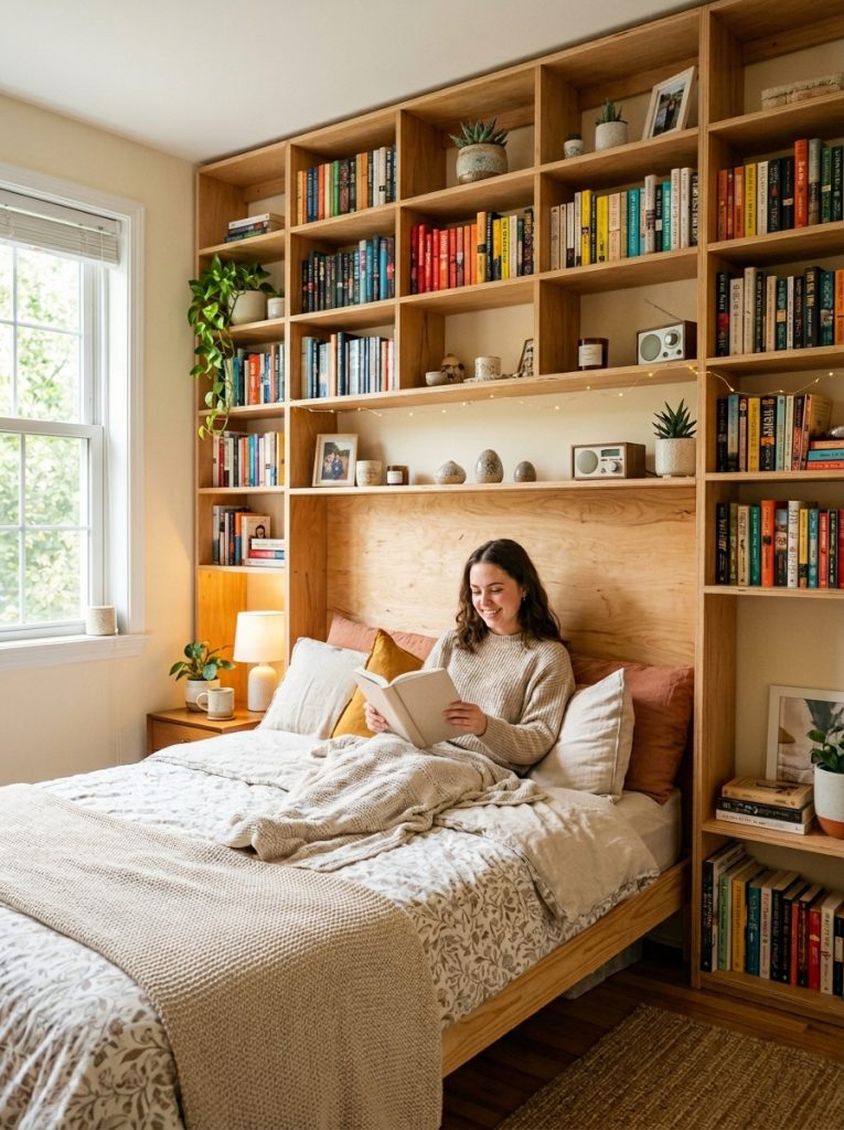 DIY book storage wall in bedroom with plywood shelves around and above bed headboard holding books and decor in bright bedroom