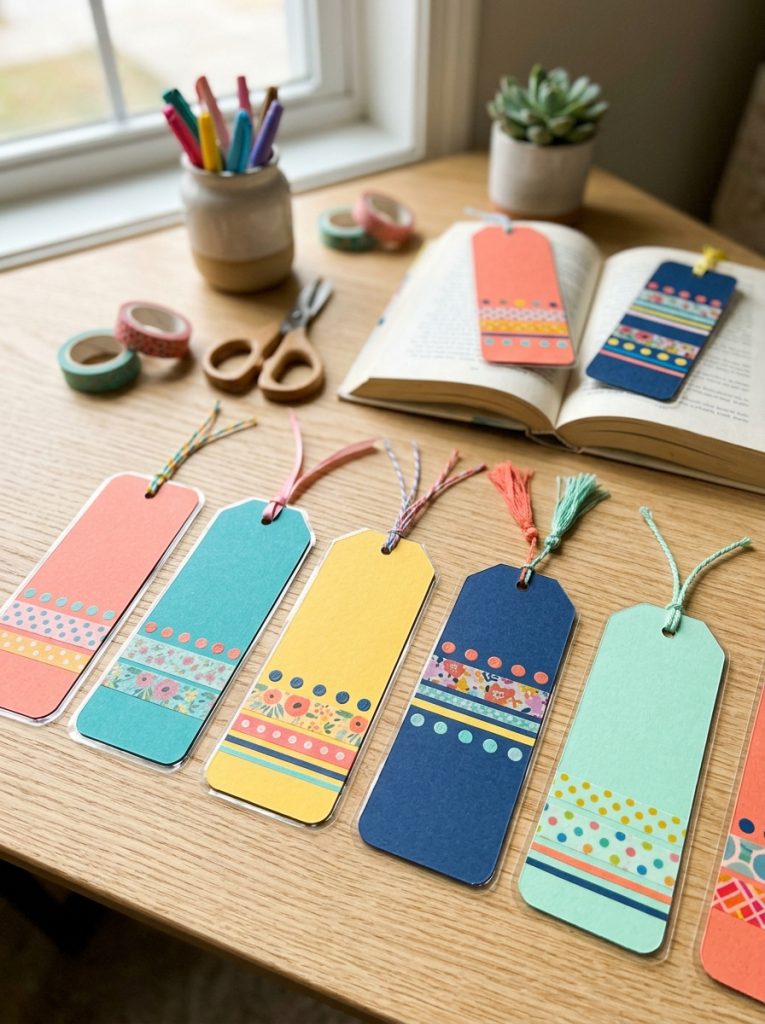 Easy DIY cardboard bookmark crafts with cardboard strips decorated with washi tape and painted designs as beautiful practical bookmarks