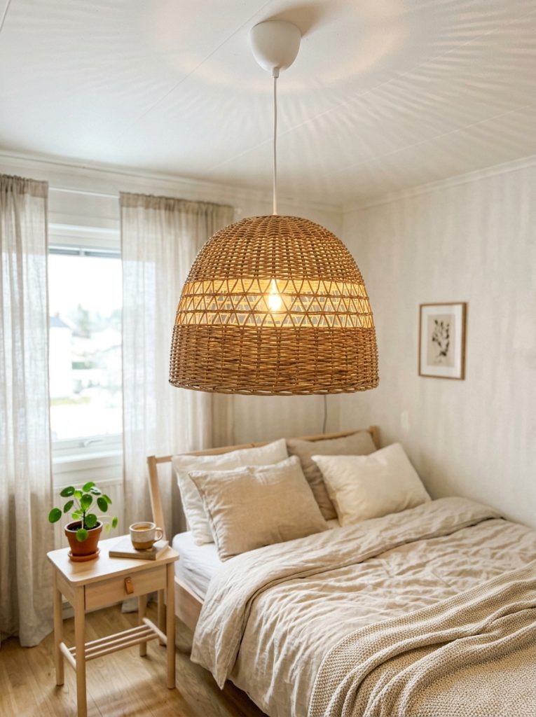 DIY ceiling lamp shade from large woven basket or macrame dome attached to ceiling light fitting in bright minimal room