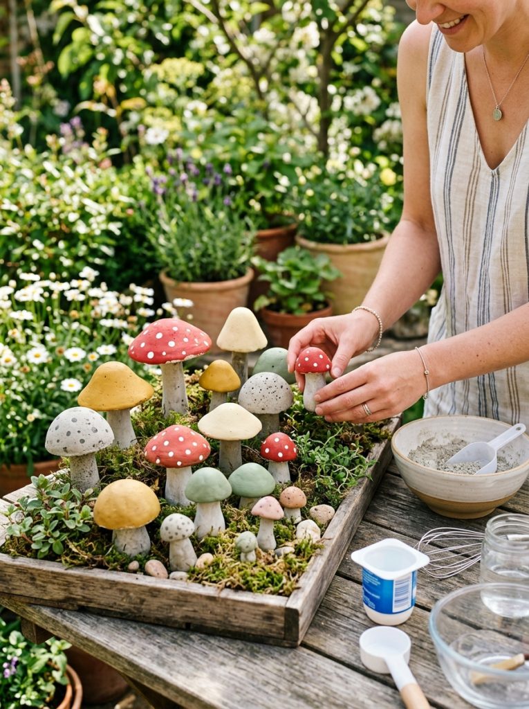 Creative easy cement mushrooms DIY made without specialist molds using household items as improvised molds for charming simple results
