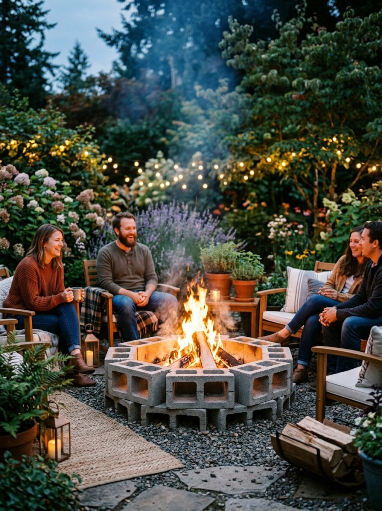  Beautiful cinderblock fire pit DIY with circular square block arrangement and evening fire burning in warm inviting garden gathering space