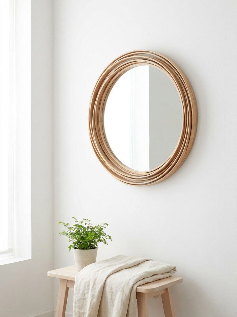  DIY circle mirror frame from bent thin wood strips forming clean round frame around circular mirror on white wall
