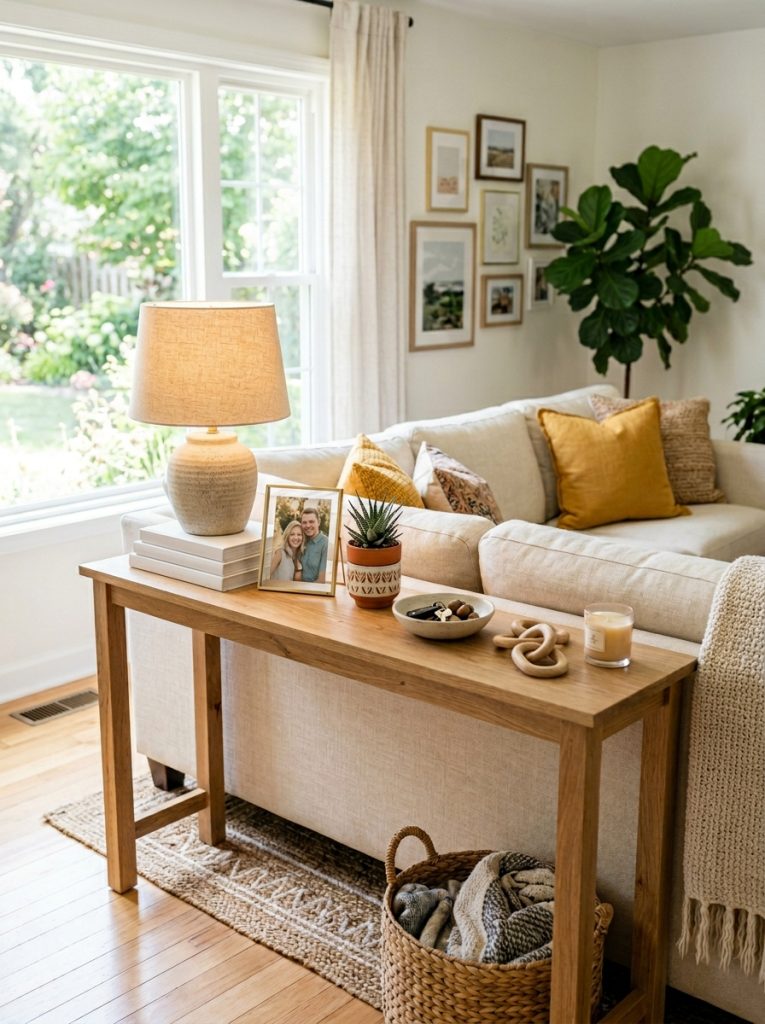 DIY console table positioned behind sofa in bright living room holding lamp books and decor at sofa back height