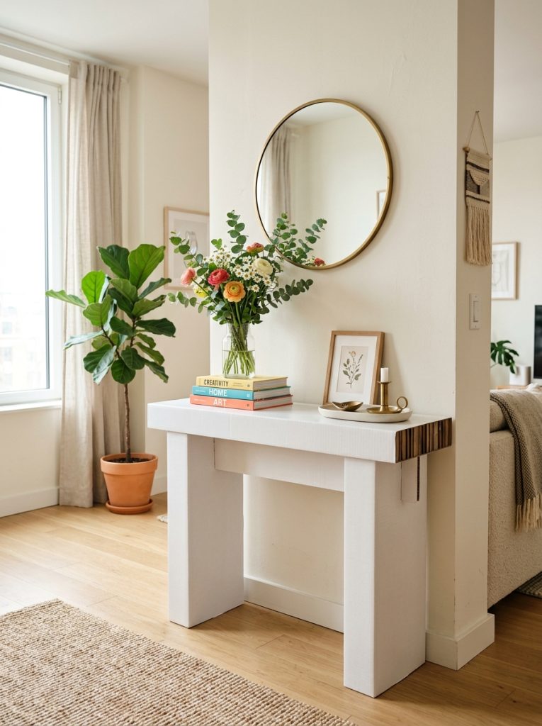 Creative DIY console table built from strong cardboard panels painted white in bright apartment setting