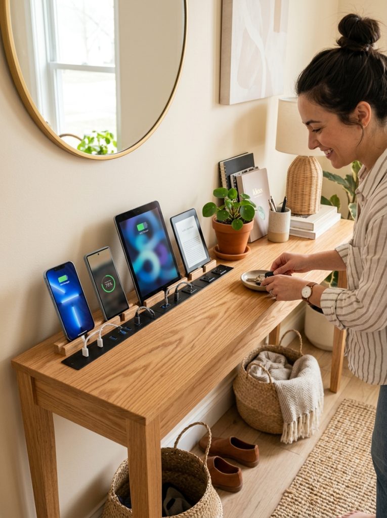 DIY console table with built in outlet strip and charging station in top surface with devices charging neatly