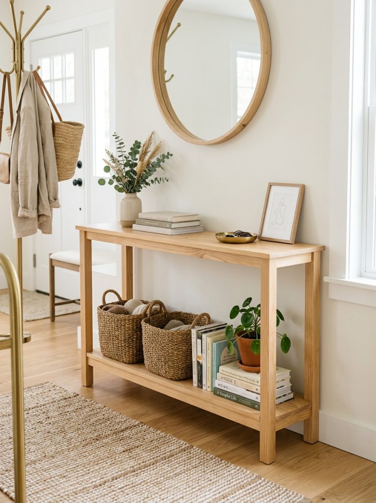  DIY console table with one lower shelf holding baskets and books in bright minimal entryway natural wood finish