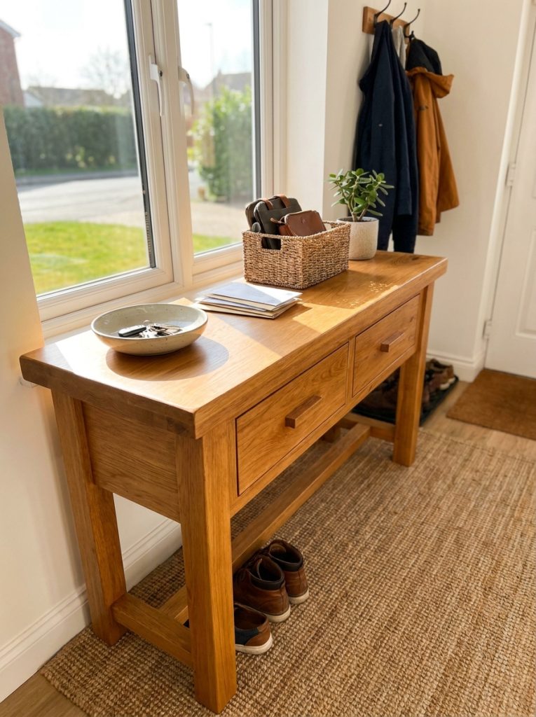 DIY console table with two drawers below top surface in bright entryway holding keys and everyday essentials