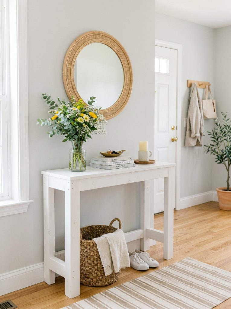 Simple budget DIY console table built from basic lumber painted white in bright clean entryway