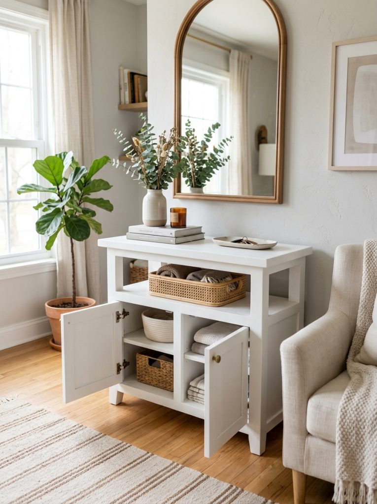 DIY console table with two small cabinet doors below hiding storage in clean white painted finish bright room