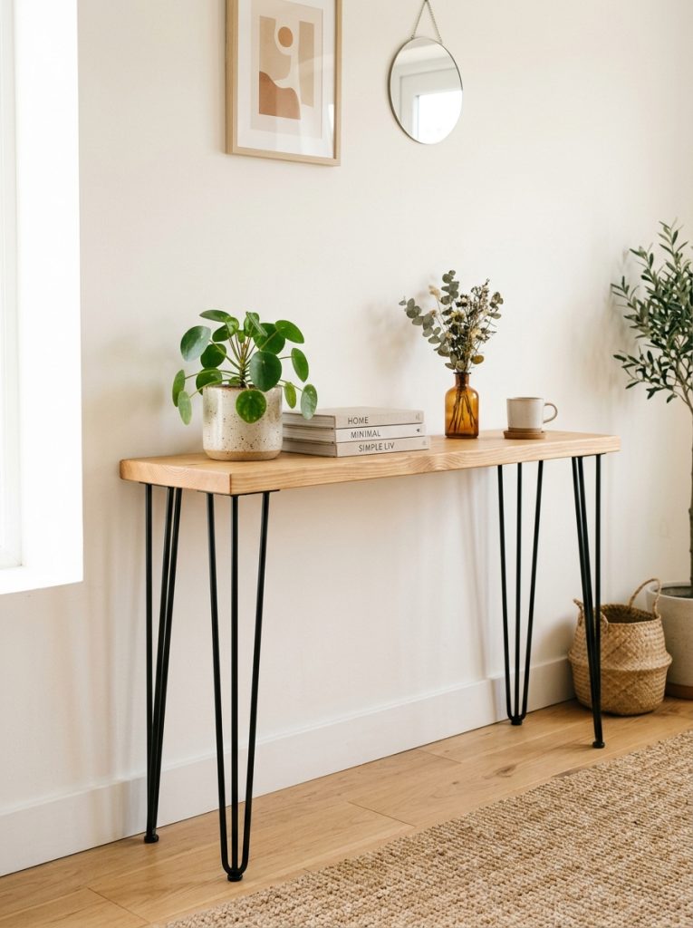 Simplest DIY console table one wide board with four black hairpin legs against bright white wall minimal modern