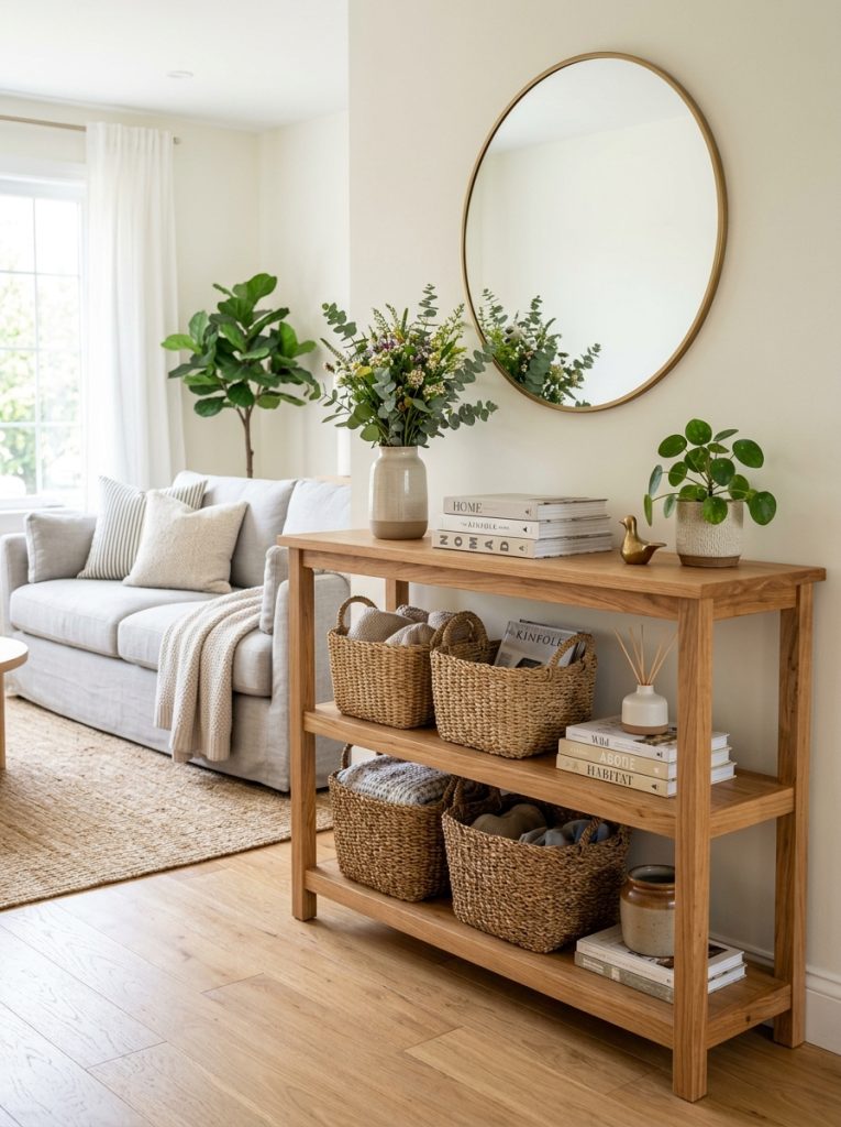 DIY console table with two open lower shelves holding baskets books and decor in bright clean living room