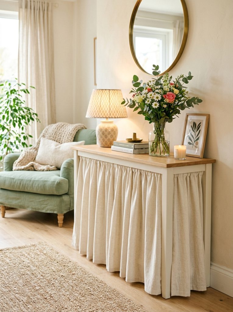 DIY console table with fabric skirt hiding storage underneath in bright styled bedroom or living room