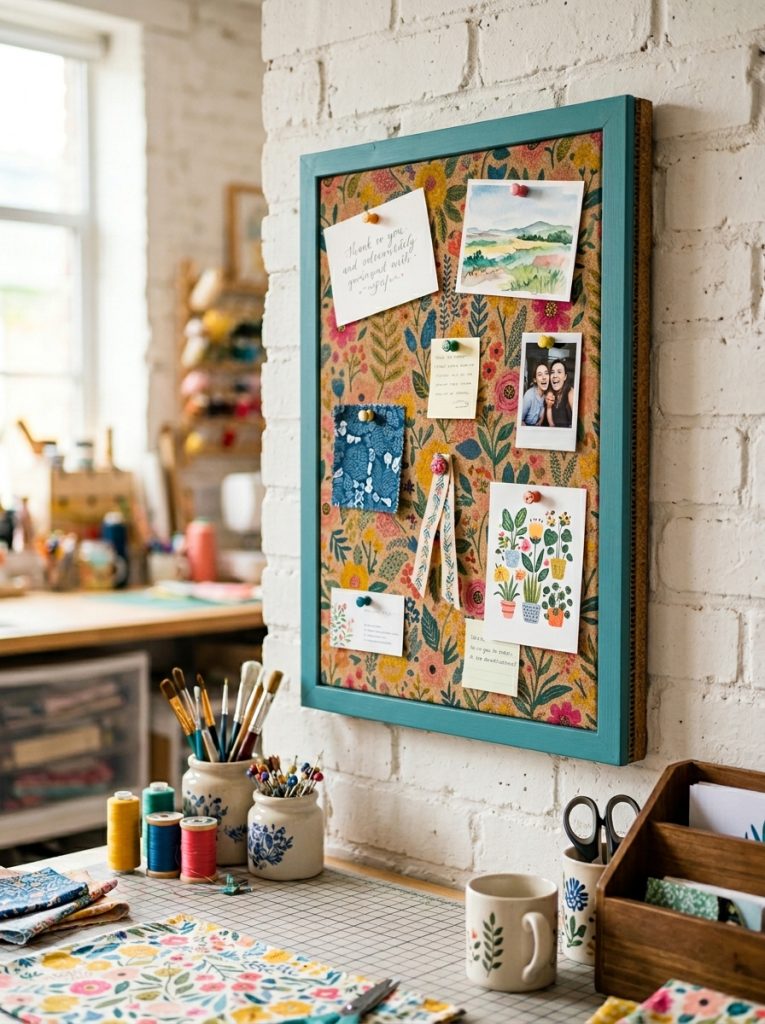 Creative DIY cork board from thick layered cardboard base with cork sheet on top covered in decorative fabric