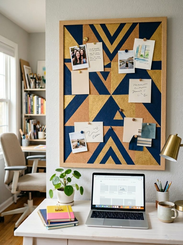 DIY cork board painted in bold geometric pattern navy and gold in bright home office cork texture visible through paint