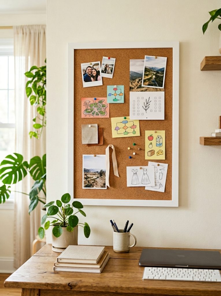DIY cork board cut from cork sheet roll to custom size mounted in simple painted frame on bright home office wall