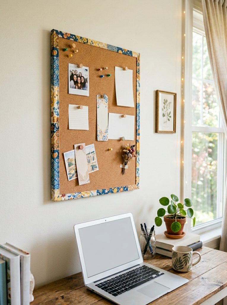  DIY cork board built on foam board base covered with cork sheet and fabric in bright home office or dorm room