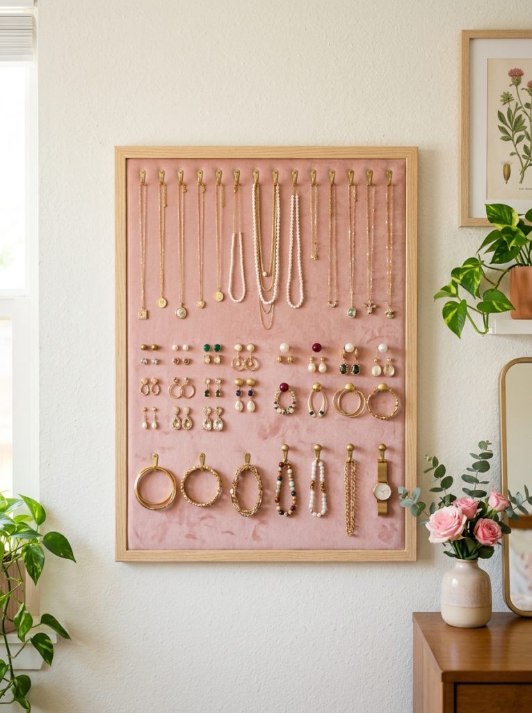  DIY cork board jewelry organizer covered in pink velvet with hooks and push pins holding necklaces earrings and bracelets