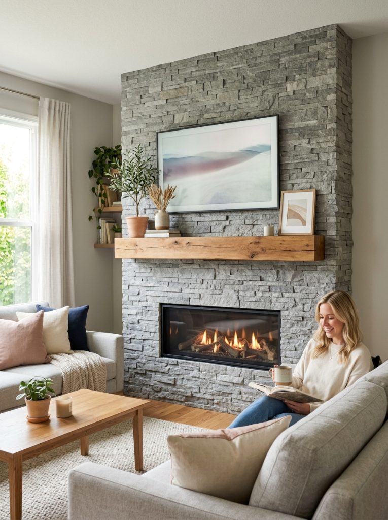 DIY fireplace TV wall with natural stone veneer in grey tones floating wood mantel and mounted TV in modern living room
