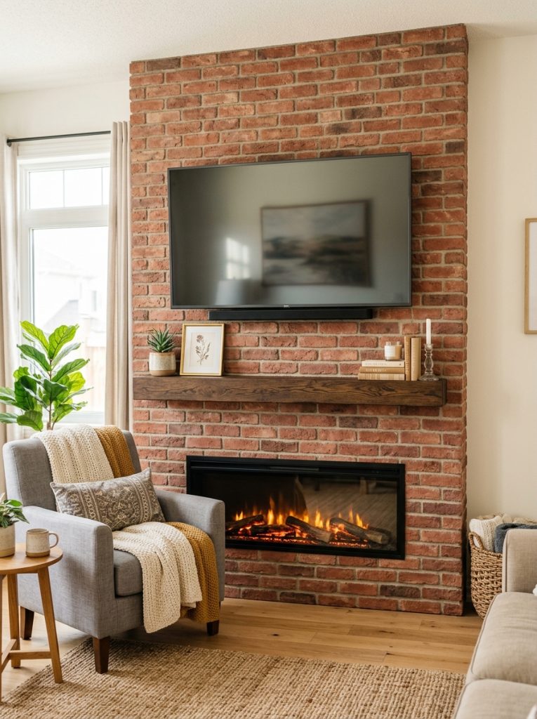  DIY fireplace TV wall with faux brick panels in warm red tones behind fireplace and mounted TV in bright living room