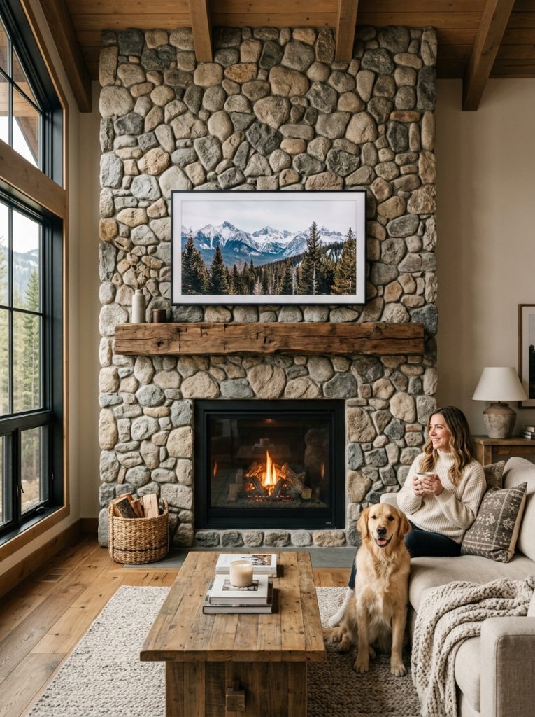 DIY fireplace TV wall with natural river rock covering full wall around fireplace rustic wood mantel and TV above in mountain cabin living room
