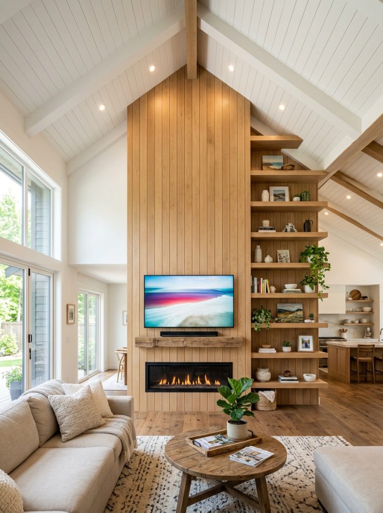  DIY fireplace TV wall on vaulted ceiling wall following ceiling angle creating dramatic tall focal point with fireplace TV and shelves