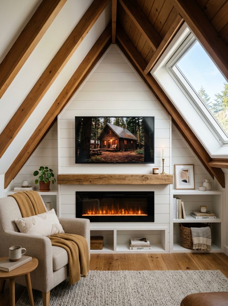 DIY fireplace TV wall on slanted angled ceiling in attic loft conversion with fireplace and TV at standard height in cozy room