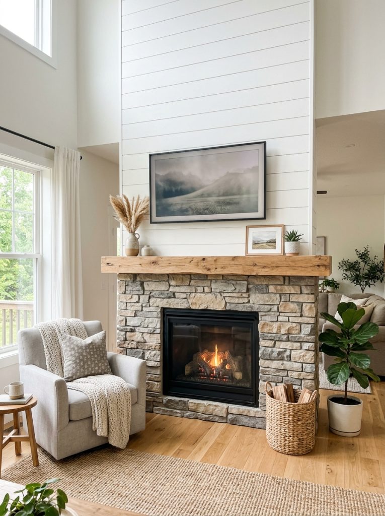 DIY fireplace TV wall with white shiplap upper wall and natural stone veneer fireplace surround wood mantel and TV in modern living room