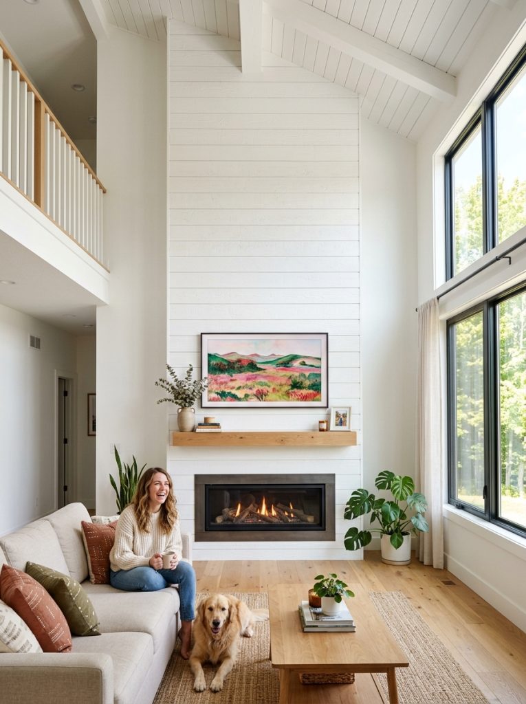 DIY fireplace TV wall on tall ceiling wall with treatment extending floor to ceiling dramatic focal point in bright spacious living room