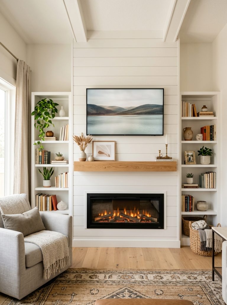 DIY fireplace TV wall with shiplap panels floating mantel shelf mounted TV and built in bookshelves in bright living room