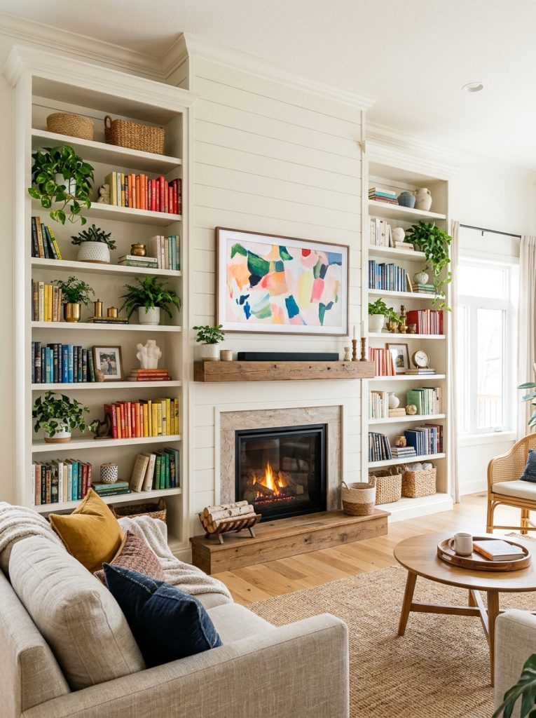 DIY fireplace TV wall with full height bookshelves on each side filled with books plants and decor in bright living room