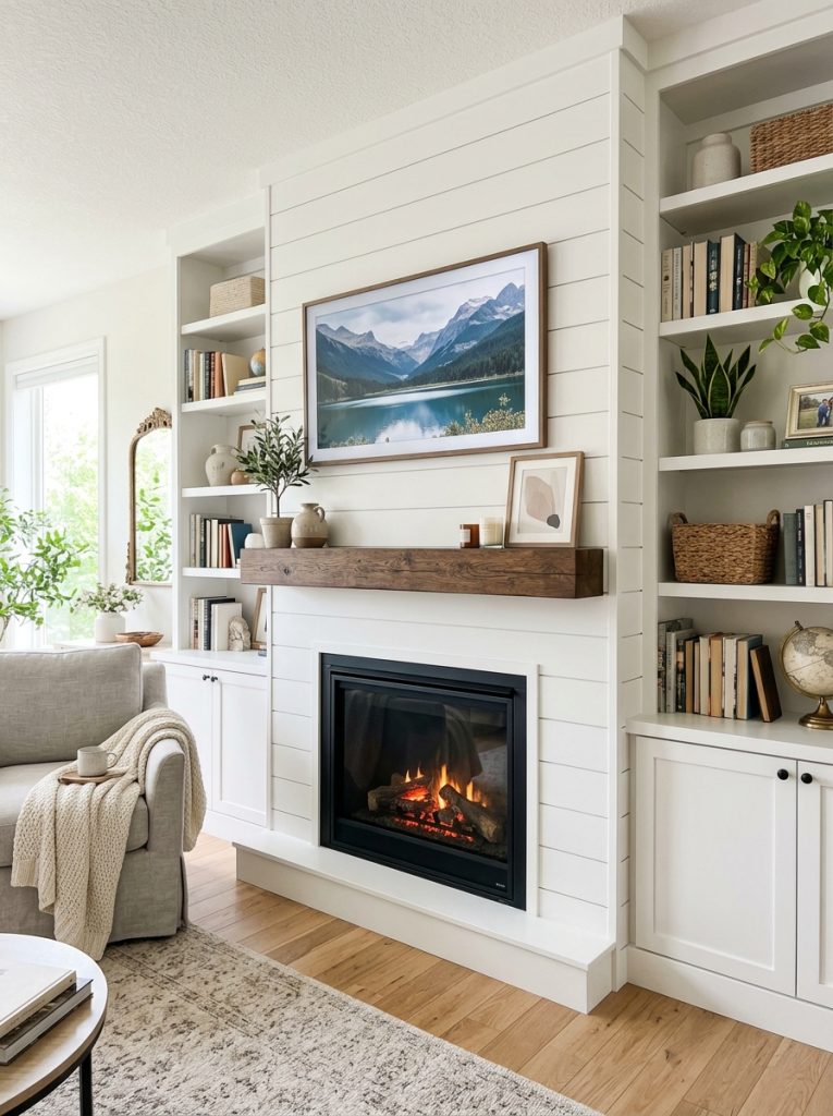 Completed DIY fireplace TV wall with shiplap bookshelves mantel floating shelves mounted TV in bright clean living room impressive finish