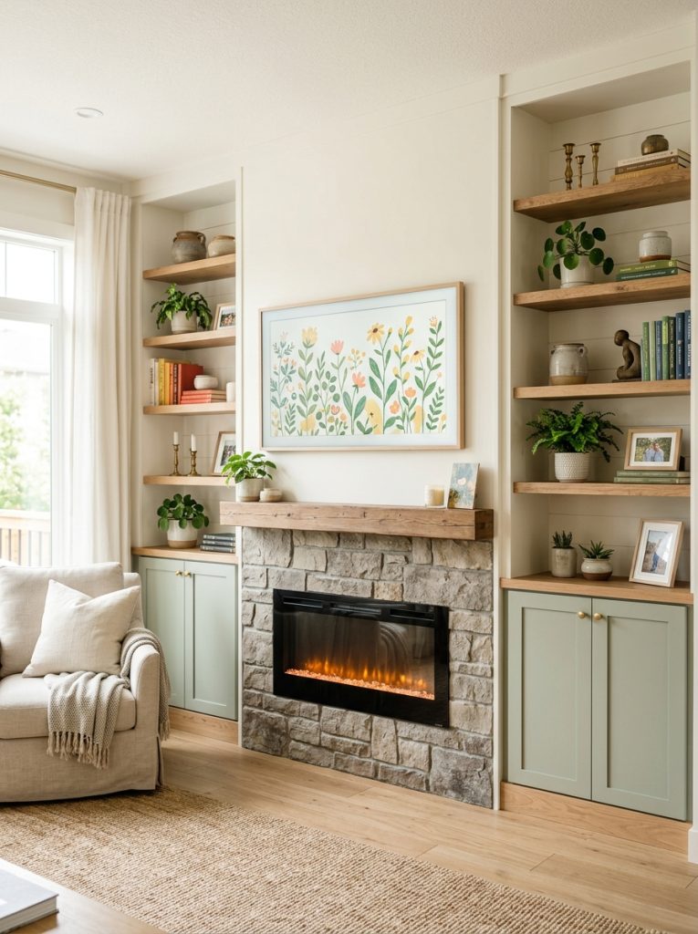 DIY fireplace TV wall with built in cabinet storage on each side doors below and open shelves above in bright living room